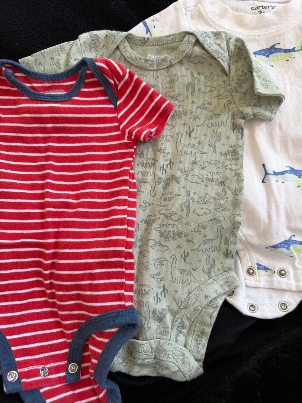 Carter's Red Stripe, Sage Dino & White Shark Bodysuits